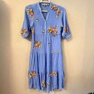Anthropologie Figueroa Flower Dress M Blue Embroidered Tiered Prairie Boho Fairy